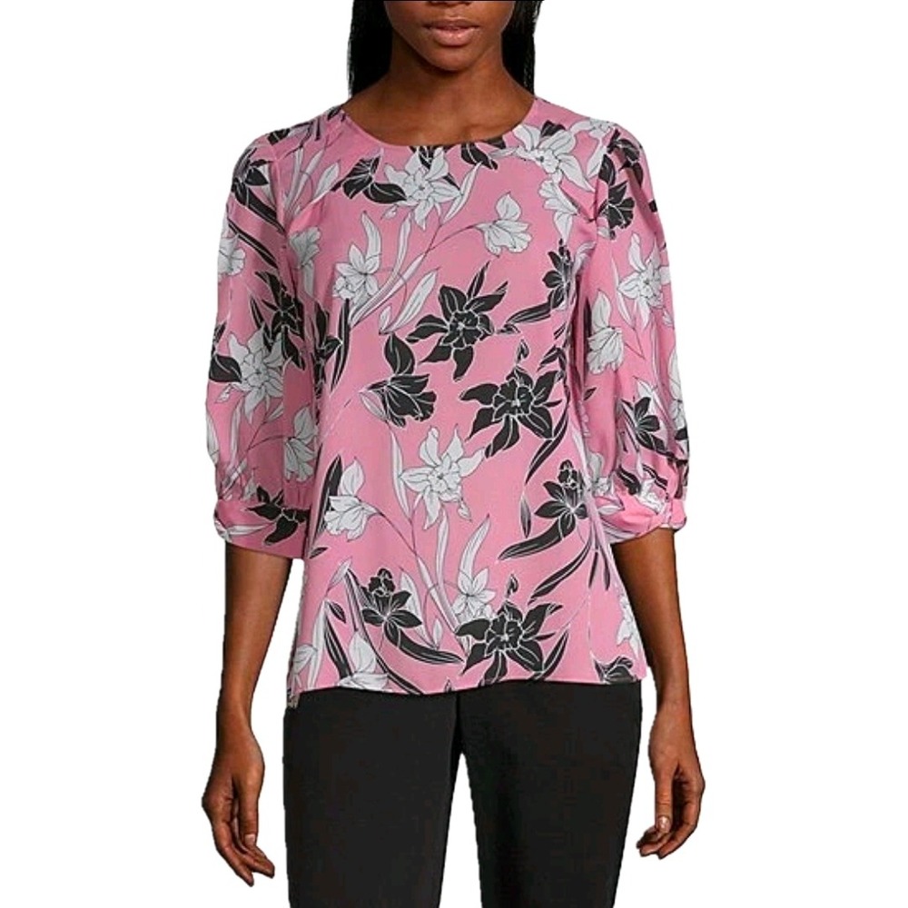 Worthington Floral Print‎ Blouse Women's Size XS Pink 3/4 Sleeve Keyhole Neck